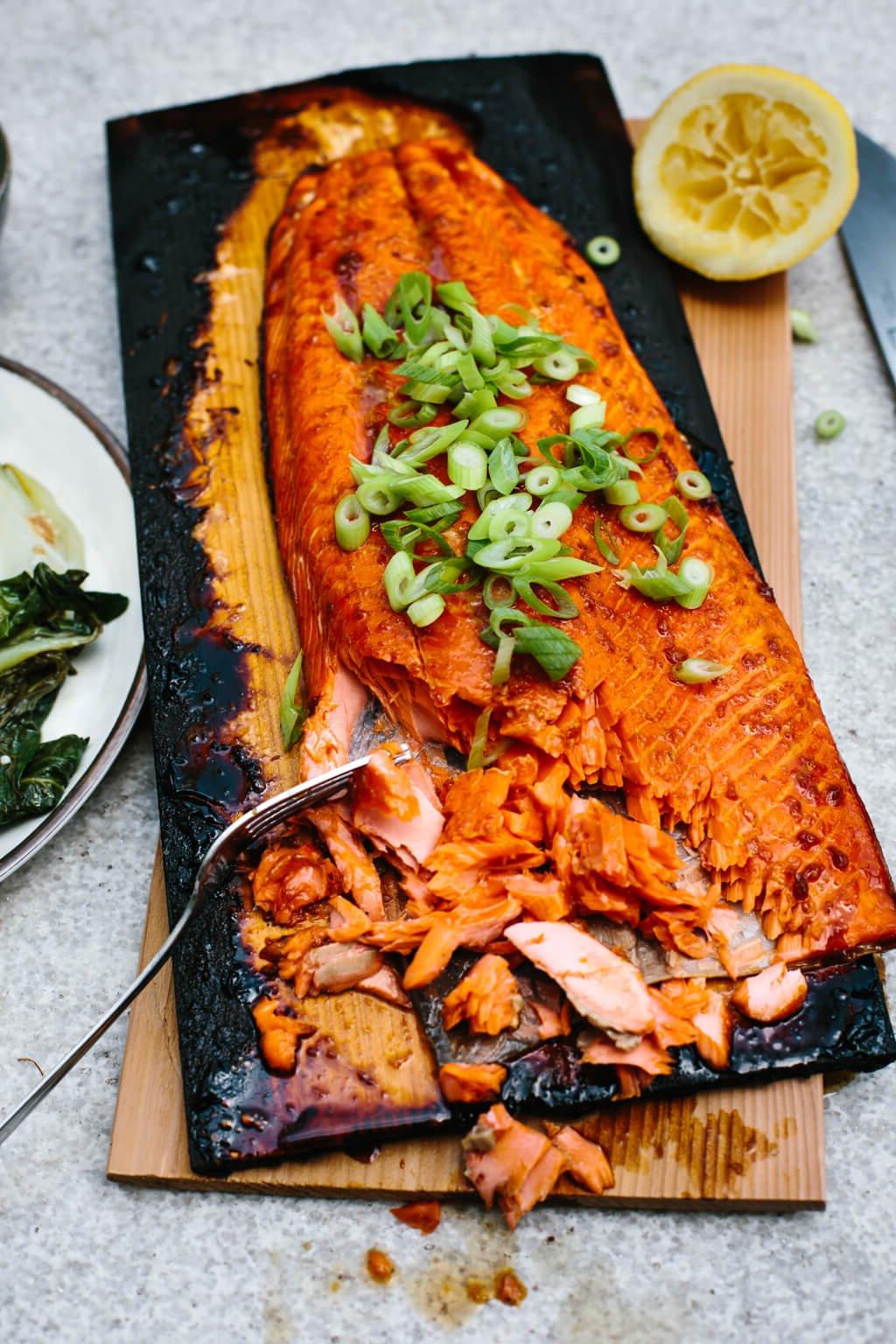 15+ einfache Grillrezepte für den Sommer 15 Lachs auf einem verkohlten Zedernholzbrett, garniert mit Frühlingszwiebeln.