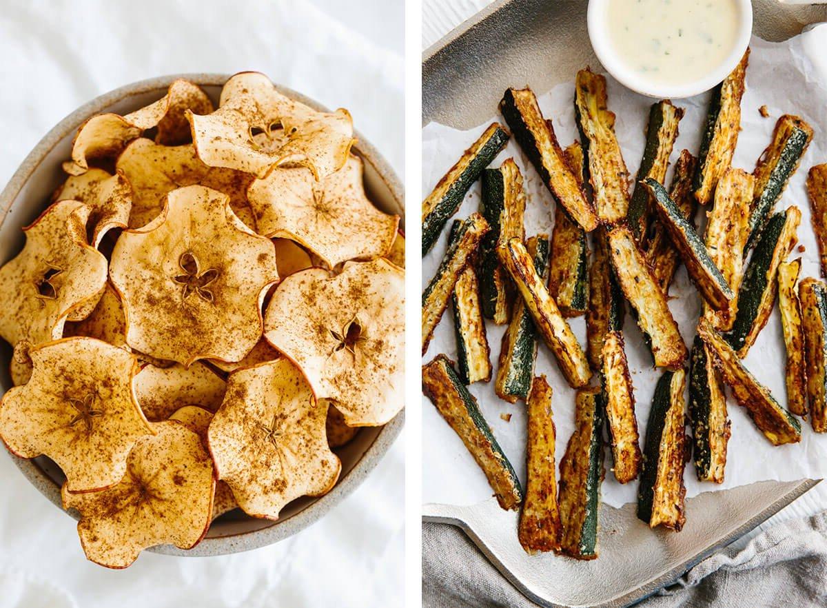 Lassen Sie sich von einfachen, vegetarischen Rezepten inspirieren! Wählen Sie aus wärmenden Suppen, proteinreichen Abendessen, herzhaften Frühstücksideen und allem dazwischen! Vegetarische Snacks mit Apfelchips und Zucchini-Pommes