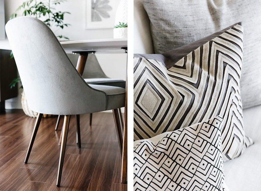 Tour durch mein modernes, minimalistisches Wohnzimmer. Mein Einrichtungsstil ist eine Mischung aus Minimalismus, Mid-Century Modern, Skandinavien und SoCal-Flair. Helle, offene Raumgestaltung mit einem modernen Sofa und viel Grün.