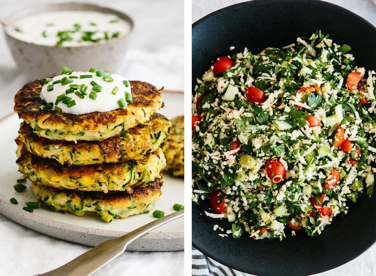 Lassen Sie sich von einfachen, vegetarischen Rezepten inspirieren! Wählen Sie aus wärmenden Suppen, proteinreichen Abendessen, herzhaften Frühstücksideen und allem dazwischen! Vegetarische Rezepte mit Zucchini-Bratlingen und Tabbouleh