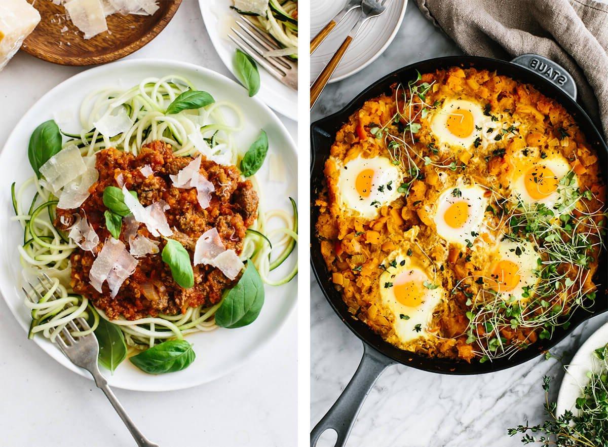 Über 50 Whole30 Mittagessen-Ideen 2 Whole30 Shakshuka und Zucchini-Nudel-Bolognese für das Mittagessen.