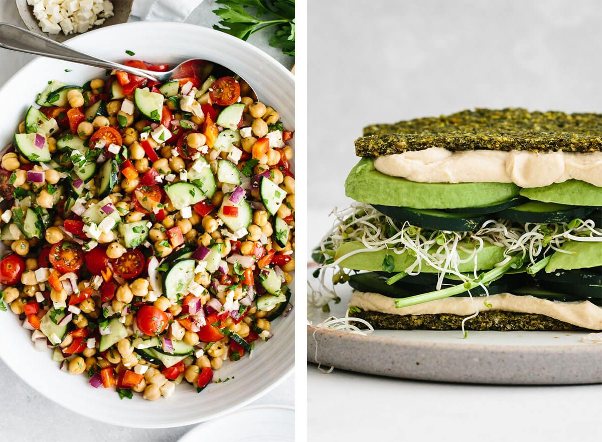 Lassen Sie sich von einfachen, vegetarischen Rezepten inspirieren! Wählen Sie aus wärmenden Suppen, proteinreichen Abendessen, herzhaften Frühstücksideen und allem dazwischen! Vegetarische Rezepte mit Kichererbsensalat und Falafel-Fladenbrot.