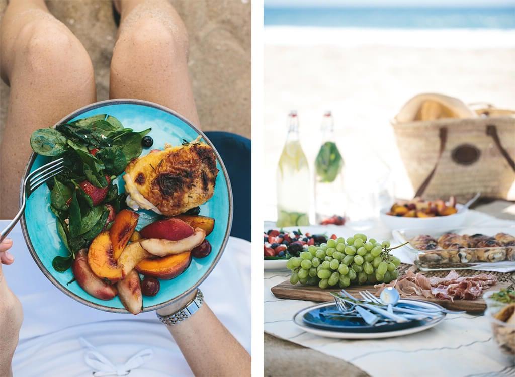 Gesunde Rezepte für den Tag der Arbeit, perfekt für ein Picknick, Grillfest oder eine Party! Ein Strandpicknick mit einem Teller voller Essen.