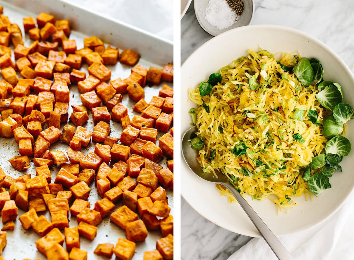 Diese Whole30 Mittagessen Ideen sind alles andere als langweilig! Erleben Sie eine Explosion an Farben und Aromen mit lebendigen Salaten, saftigen Fleischgerichten und köstlichen Meeresfrüchten, ergänzt durch die besten Gemüsebeilagen, die sich auch perfekt als Abendessen eignen. Whole30 geröstete Süßkartoffeln und Spaghettikürbis für das Mittagessen.