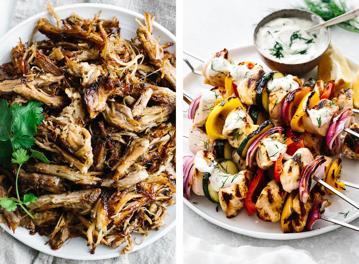 Diese Whole30 Mittagessen Ideen sind alles andere als langweilig! Erleben Sie eine Explosion an Farben und Aromen mit lebendigen Salaten, saftigen Fleischgerichten und köstlichen Meeresfrüchten, ergänzt durch die besten Gemüsebeilagen, die sich auch perfekt als Abendessen eignen. Whole30 Hähnchen-Kebabs und Carnitas.