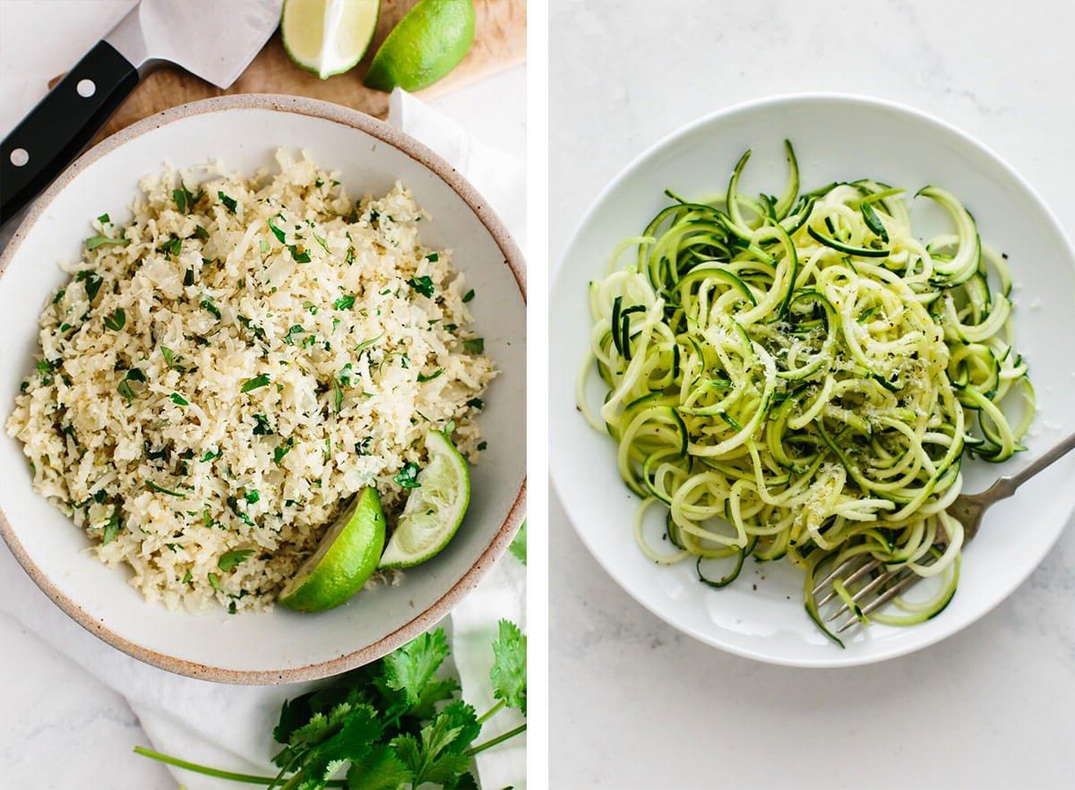 Hier ist Ihr ultimativer Leitfaden für geschmackvolle, gesunde und einfache Abendessen-Rezepte! Zucchini-Nudeln und Blumenkohl-Reis für einfache Abendessen-Ideen.