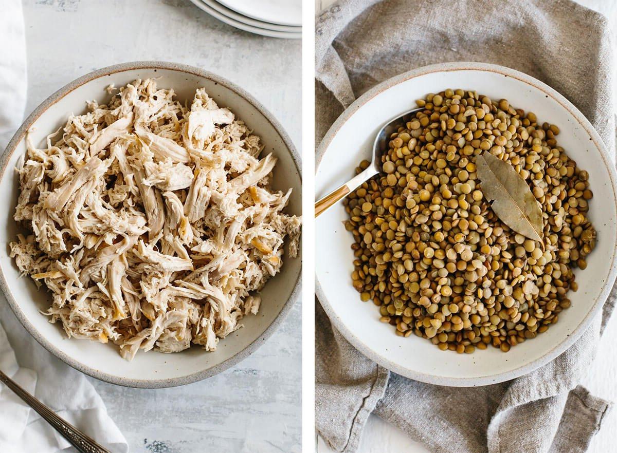 Hier ist Ihr ultimativer Leitfaden für geschmackvolle, gesunde und einfache Abendessen-Rezepte! Linsen und zerkleinertes Hähnchen für einfache Abendessen-Ideen.