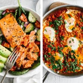 Über 50 Whole30 Mittagessen-Ideen 3 Whole30 Shakshuka und Lachssalat für das Mittagessen.