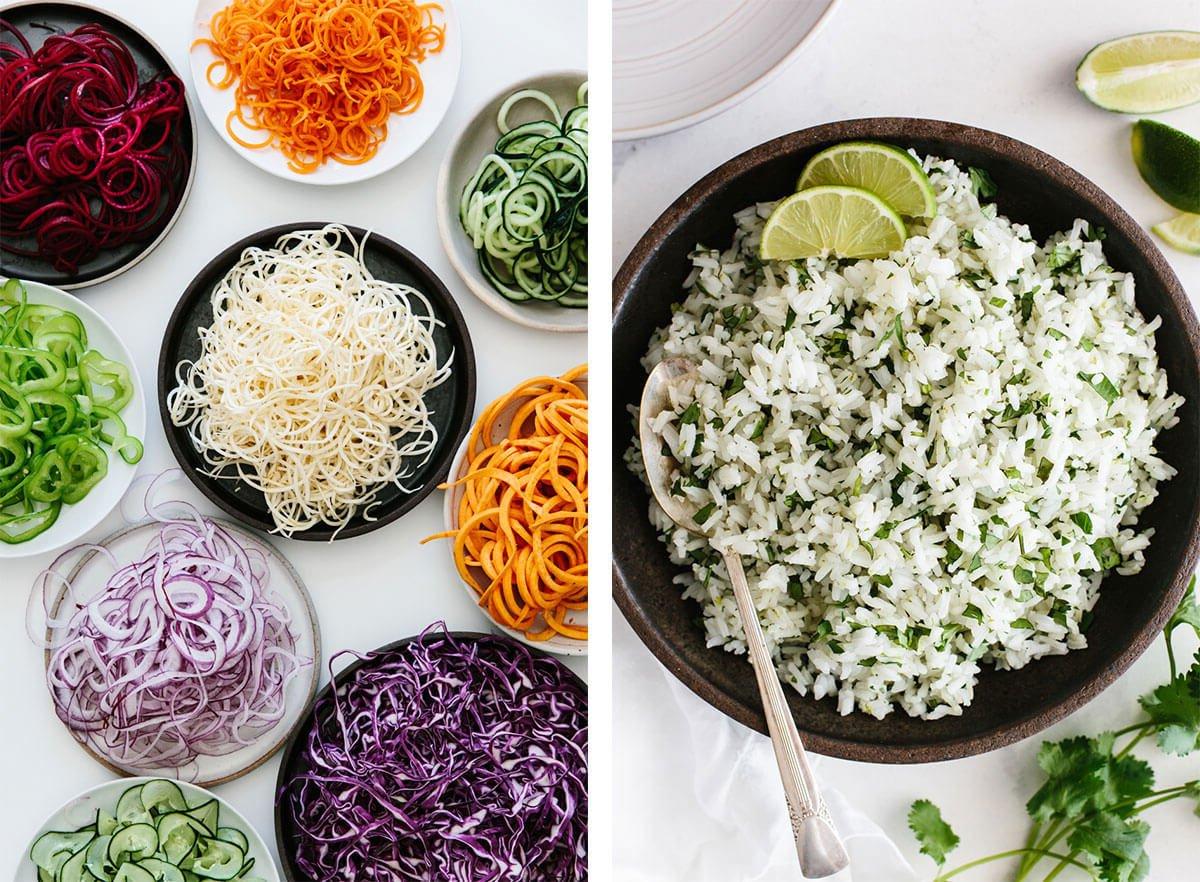 Einfache und gesunde Meal Prep Rezepte, die Ihnen helfen, Mahlzeiten für die Woche vorzubereiten! Zutaten für Meal Prep Rezepte mit Reis und spiralisiertem Gemüse.