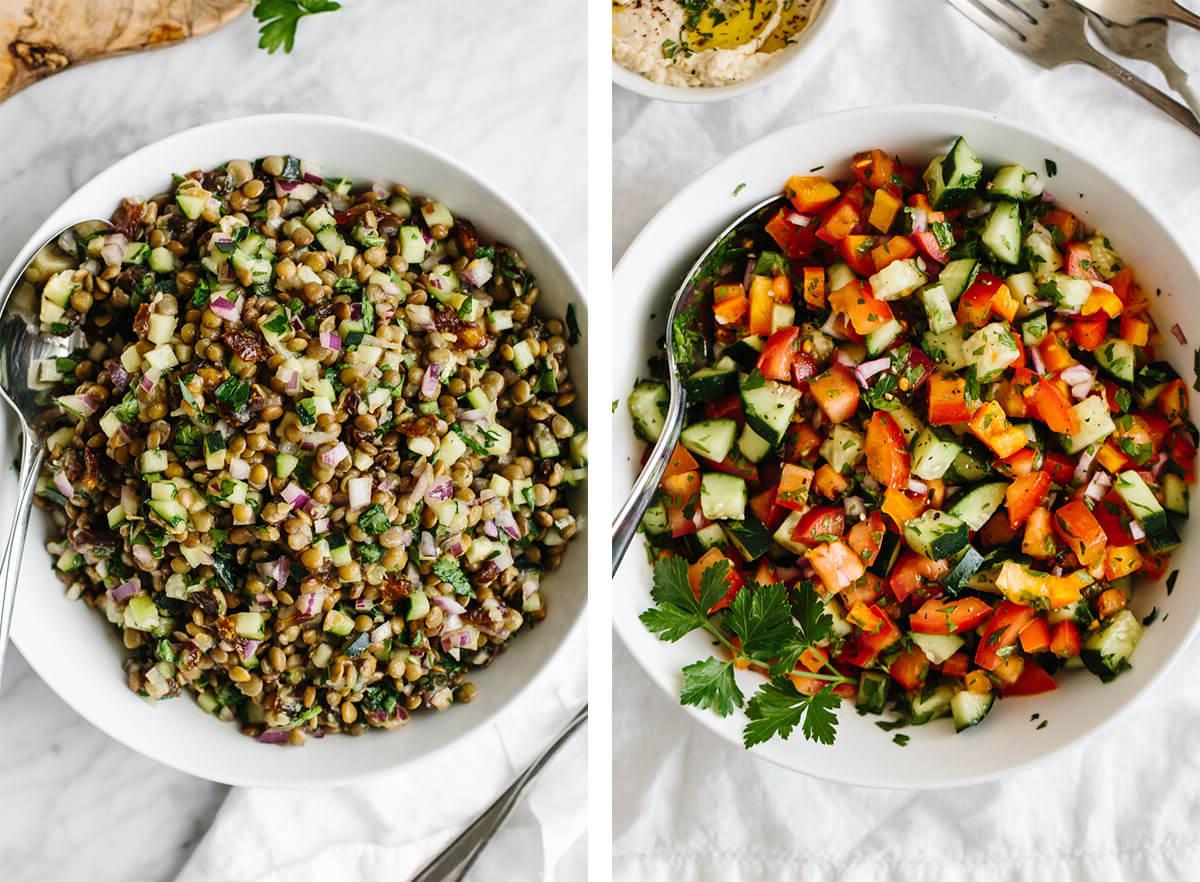 Einfache und gesunde Salatrezepte, die das Beste aus frischen saisonalen Produkten machen und gefüllt sind mit lebhaften Aromen und köstlichen Texturen! Salatrezepte mit israelischem und Linsensalat