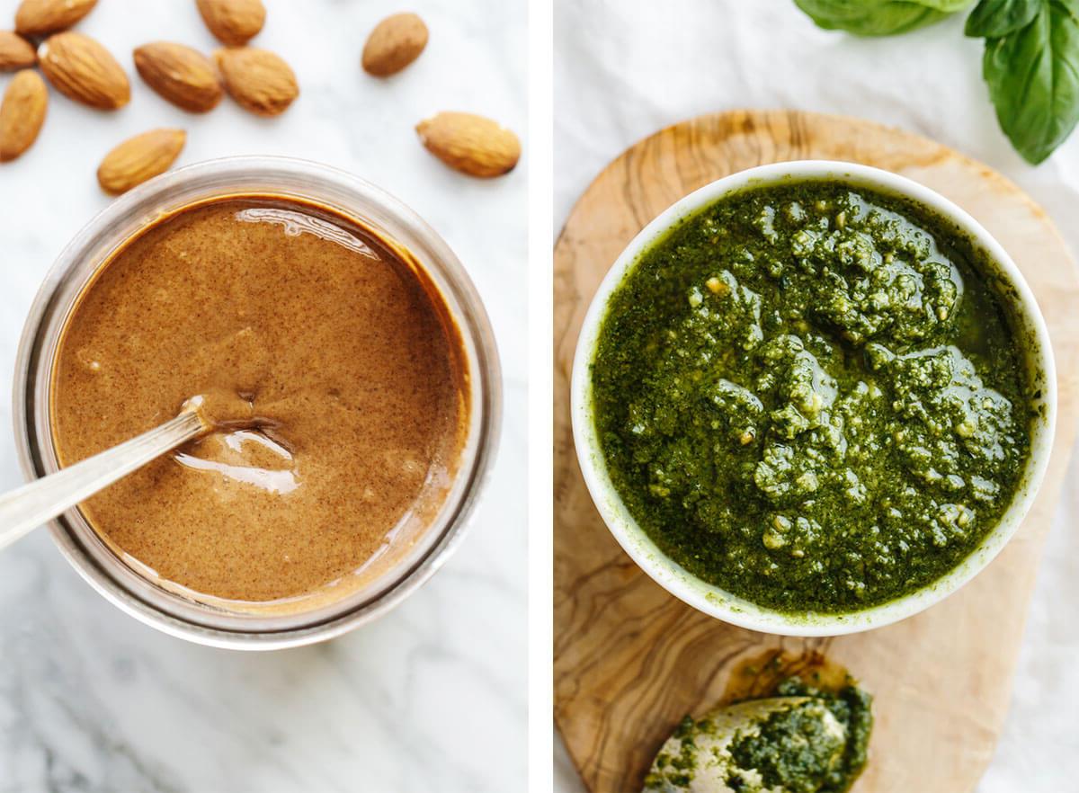 Vitamix Rezepte, darunter Basilikum-Pesto und Mandelbutter