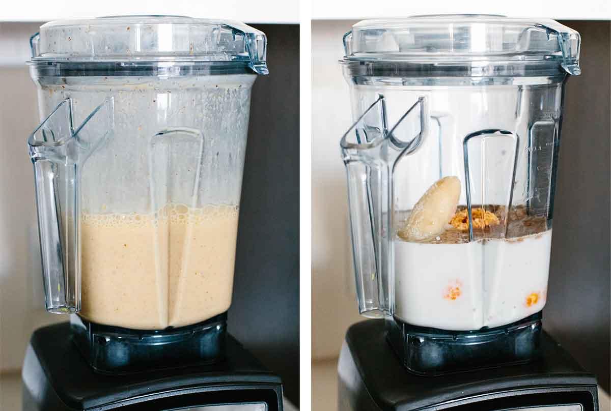 Ein Mixer, der einen Mandarinen-Frühstückssmoothie mixt