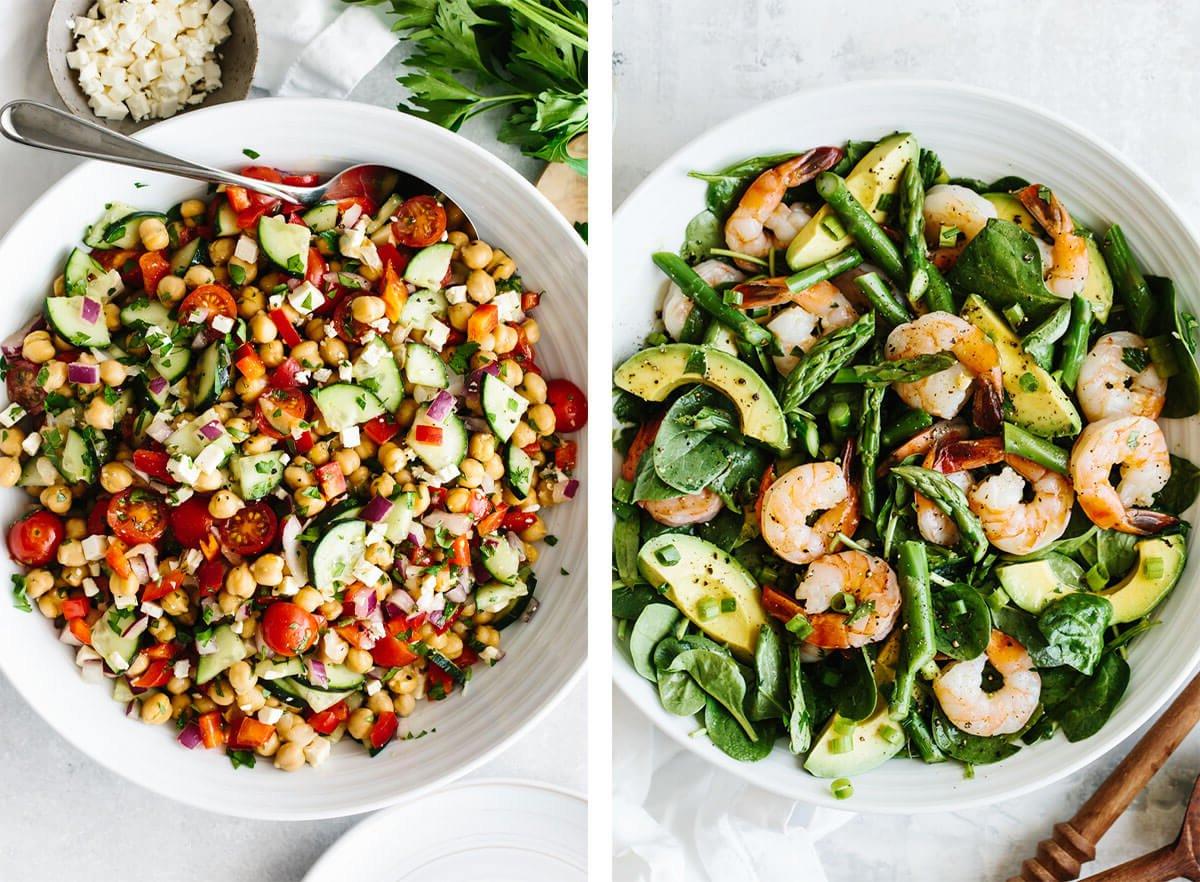 Einfache und gesunde Salatrezepte, die das Beste aus frischen saisonalen Produkten machen und gefüllt sind mit lebhaften Aromen und köstlichen Texturen! Gesunde Salatrezepte mit Kichererbsensalat und Garnelensalat