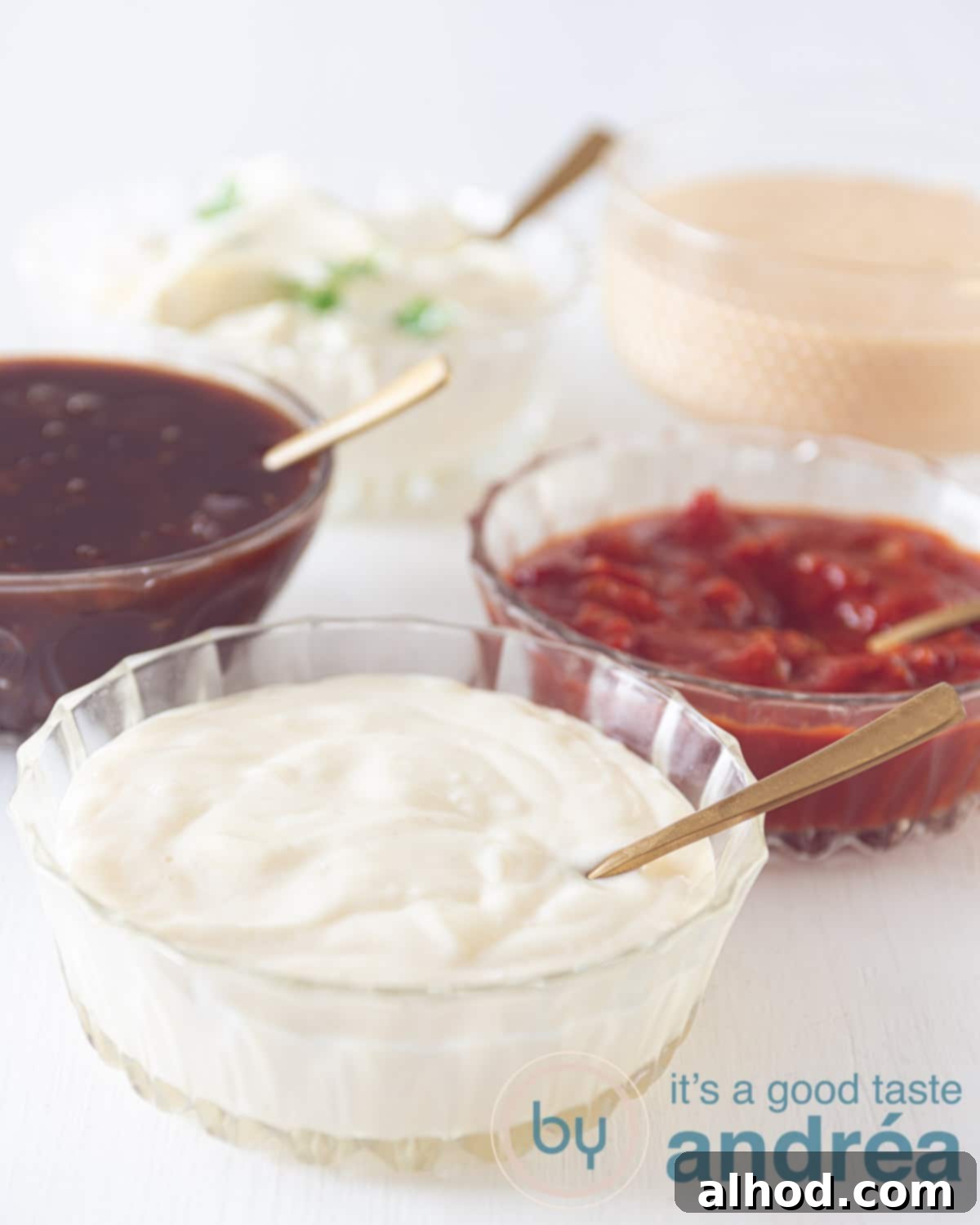 5 Homemade Sauces for the Ultimate Raclette Experience 2 Assortment of five homemade sauces for raclette, including mayonnaise, curry, garlic, whiskey cocktail, and barbecue sauce, beautifully presented in individual glass bowls, ready for a festive evening.