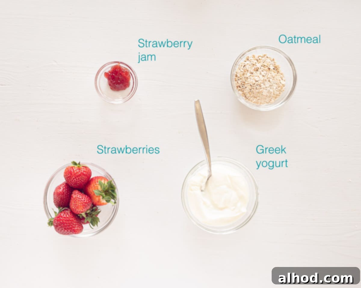 Creamy Strawberry Oat Smoothie Bowl 3 Ingredients Strawberry Oatmeal Smoothie Bowl on a white background with a text overlay