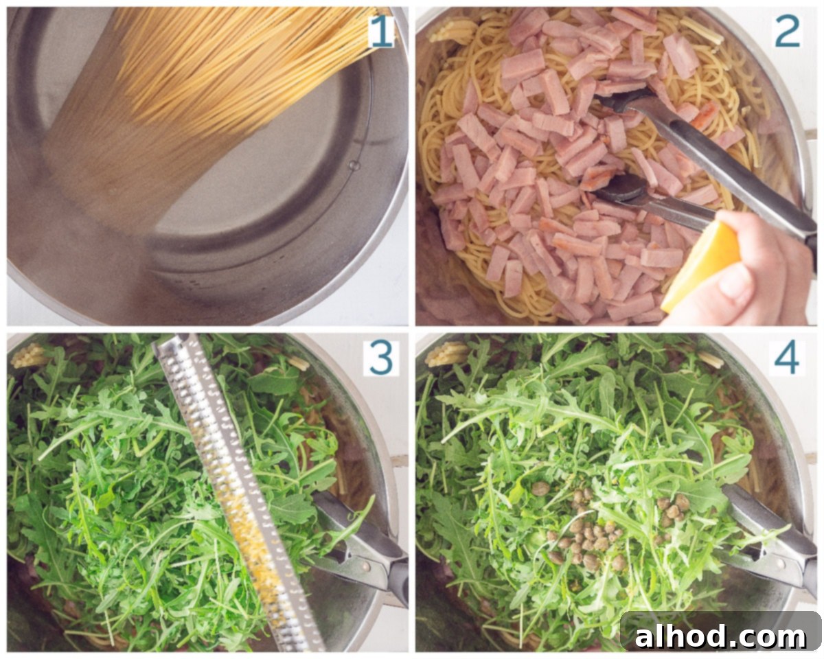 Hearty Italian Ham Spaghetti 4 A four-photo preparation collage showing the steps for making Summer Spaghetti with Ham and Arugula, from cooking pasta to mixing ingredients.