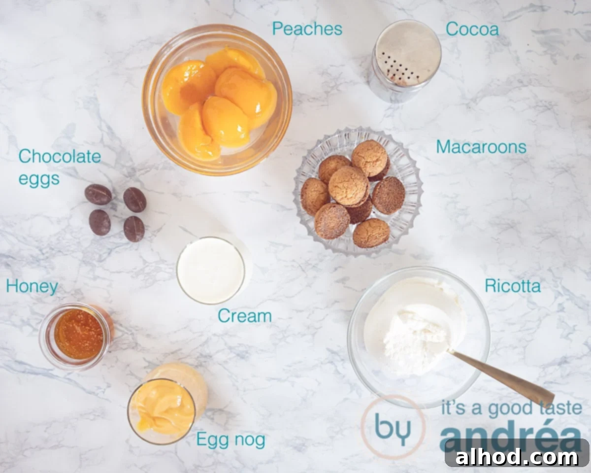 Eggnog Tiramisu with Peaches 3 A vibrant flat lay image showcasing the fresh ingredients for tiramisu with Dutch eggnog and peaches, including canned peaches, macaroons, cream, ricotta, honey, and eggnog.