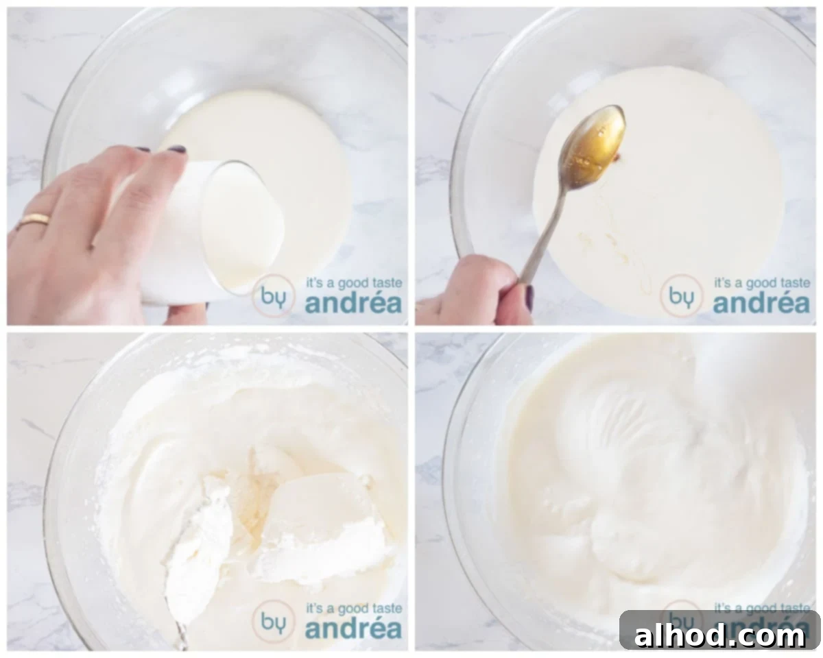 Eggnog Tiramisu with Peaches 5 Four images showing the step-by-step process of preparing the creamy ricotta honey mixture: pouring cream, adding honey, spooning in ricotta, and whisking until thick.