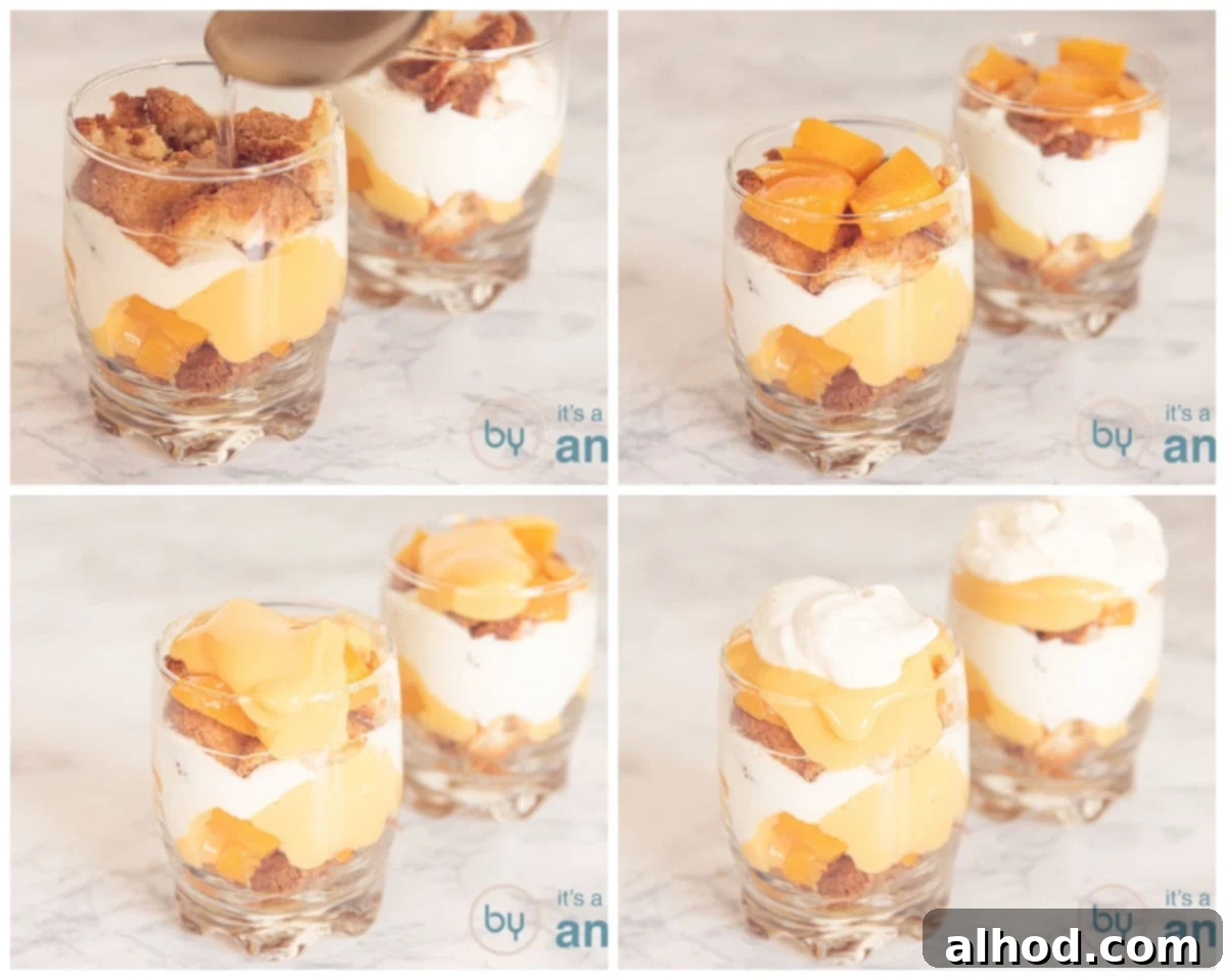 Eggnog Tiramisu with Peaches 7 A top-down view of a glass tiramisu, showing the second layer of crumbled cookies, peaches, eggnog, and ricotta cream, garnished with cocoa.