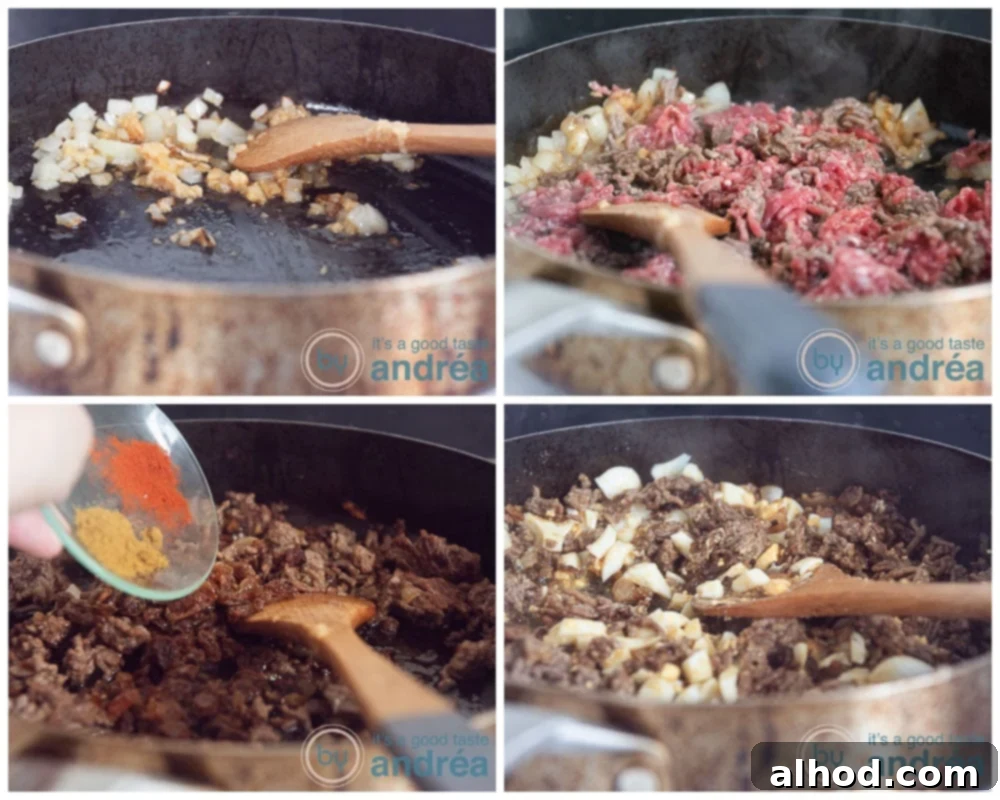 Homemade Beef Papa Rellena 5 Preparing the beef filling in four steps
