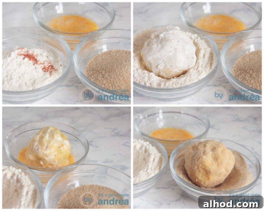 Homemade Beef Papa Rellena 7 Preparing the crispy outside in four steps (flour, egg and breadcrumbs)