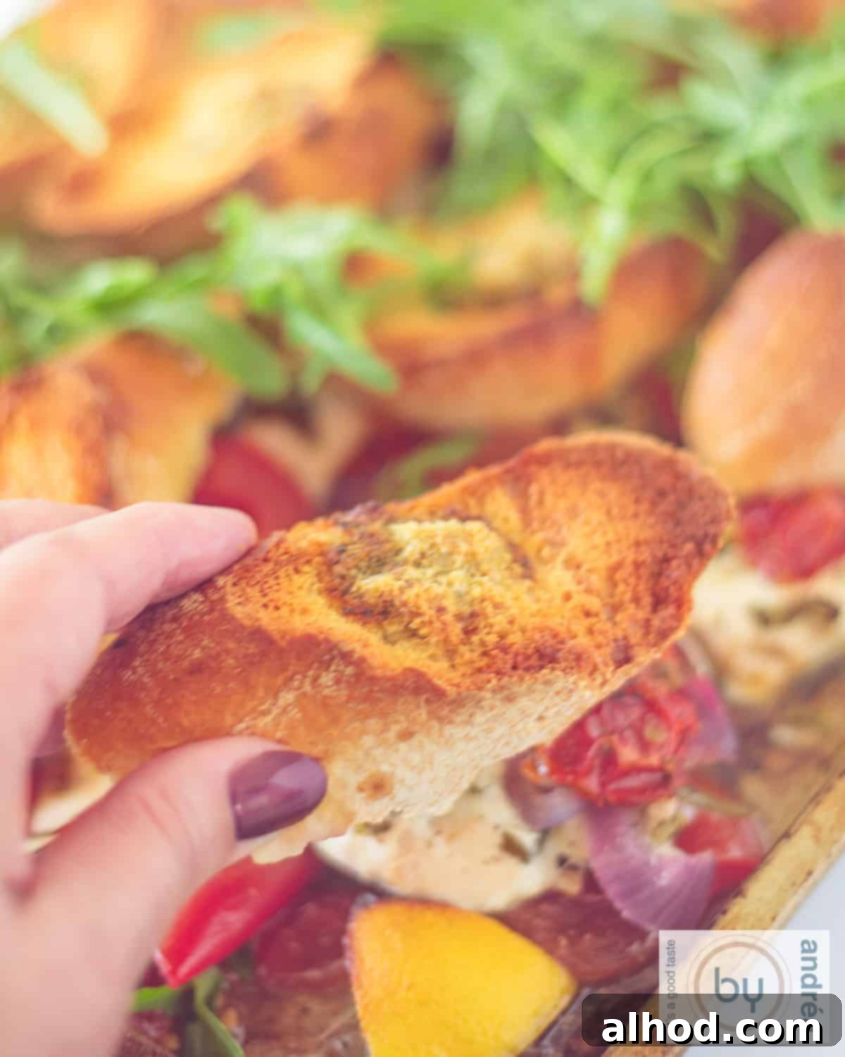 Sheet Pan Italian Herb Chicken and Veggies 3 A traybake of chicken, arugula, lemon, baguette, and tomato. A hand takes a piece of baguette.