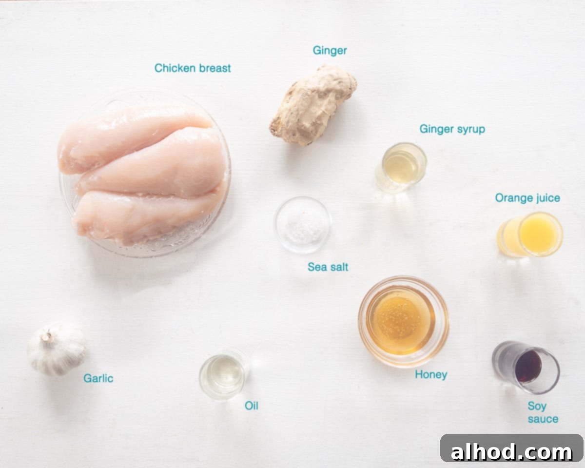 Ginger-Glazed Honey Chicken 3 A collection of ingredients for Baked Honey Ginger Chicken, neatly arranged on a white background.