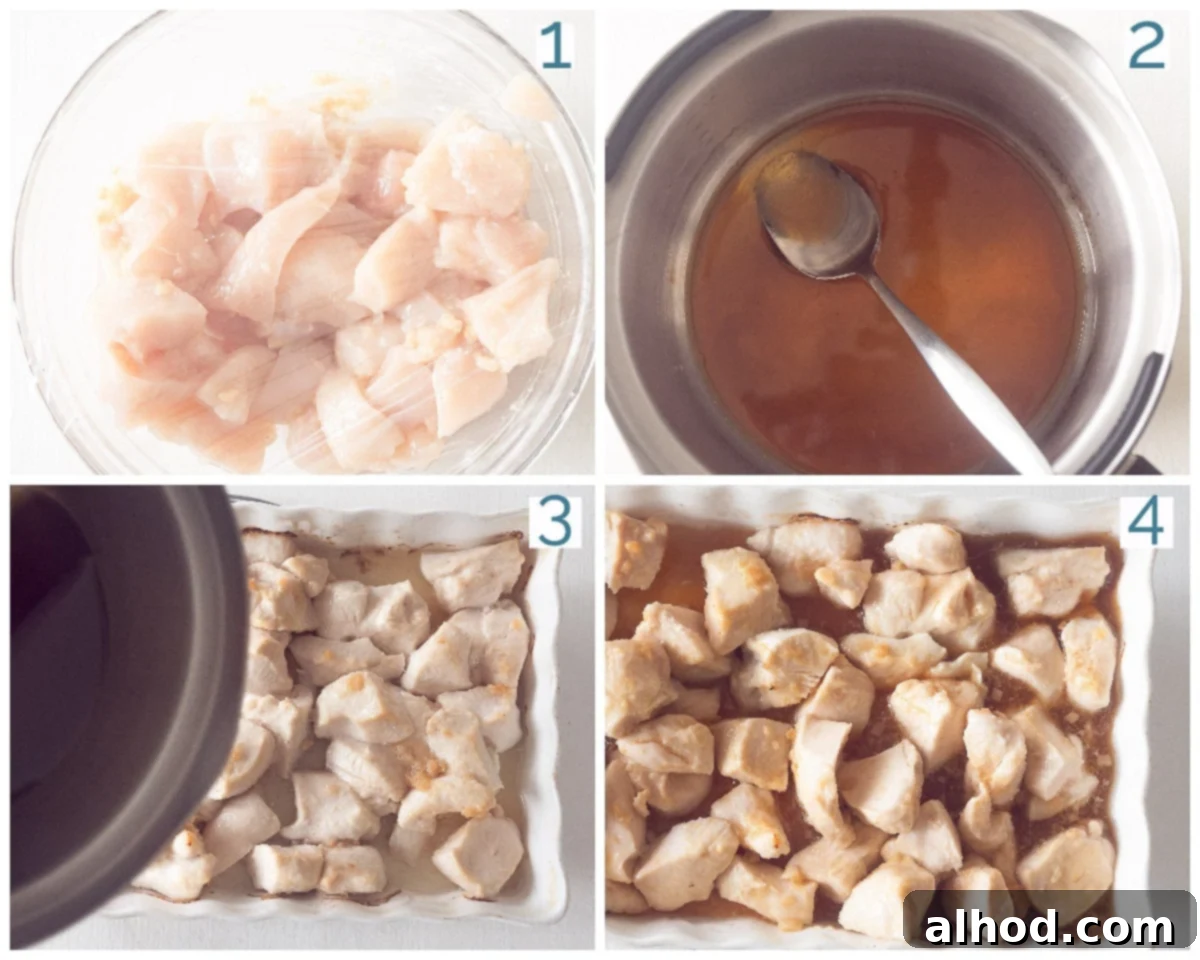 Ginger-Glazed Honey Chicken 4 A four-panel collage showing the preparation steps for Honey Ginger Chicken from the Oven.