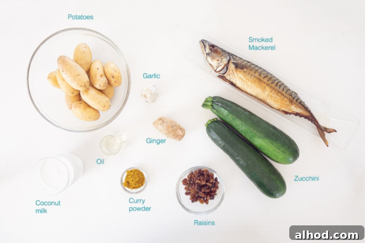 Smoked Mackerel and Zucchini Potato Bake 3 Ingredients Casserole with Mackerel, Zucchini and Mashed Potatoes, individually labelled on a white background