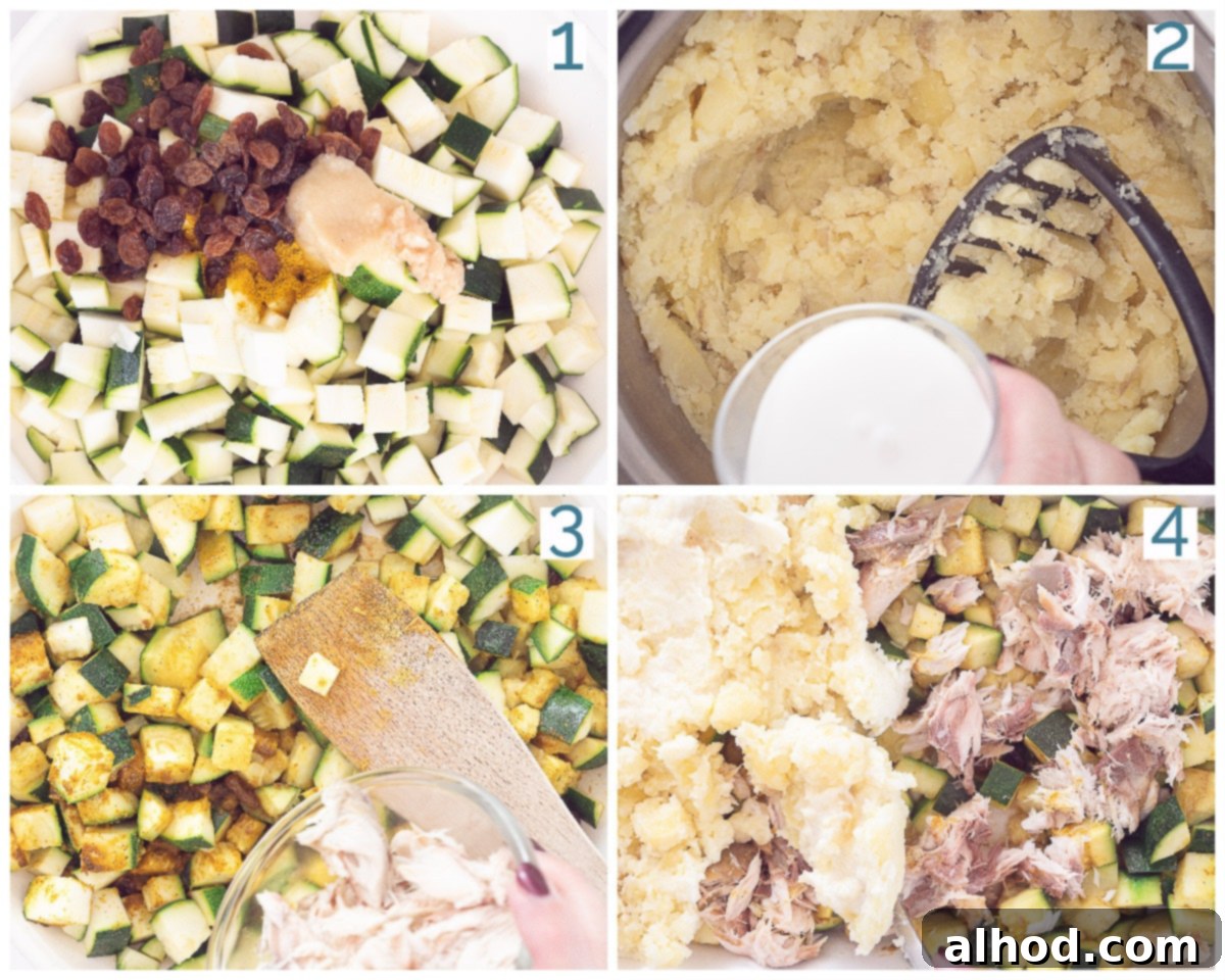 Smoked Mackerel and Zucchini Potato Bake 4 4 photos preparation collage Zucchini dish with Fish