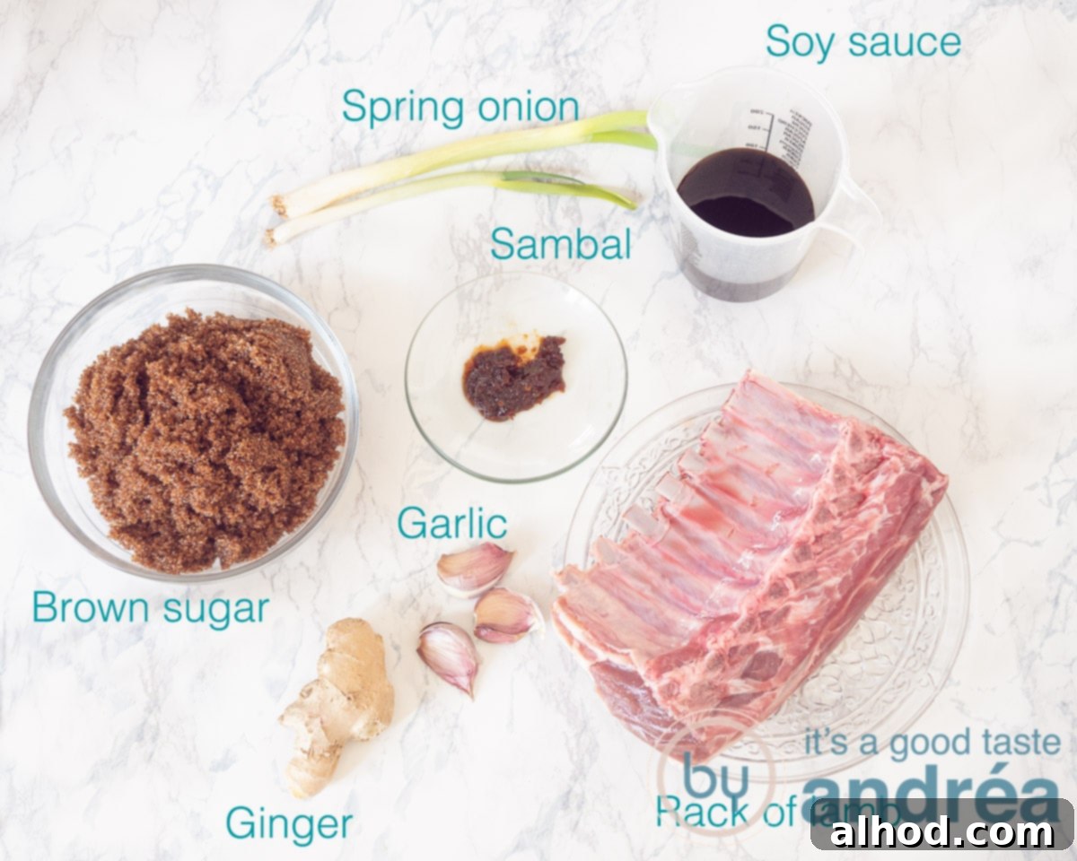 Irresistible Asian Lamb Rack Marinade 3 Ingredients for Asian rack of lamb marinade, including soy sauce, ginger, garlic, sambal, and brown sugar