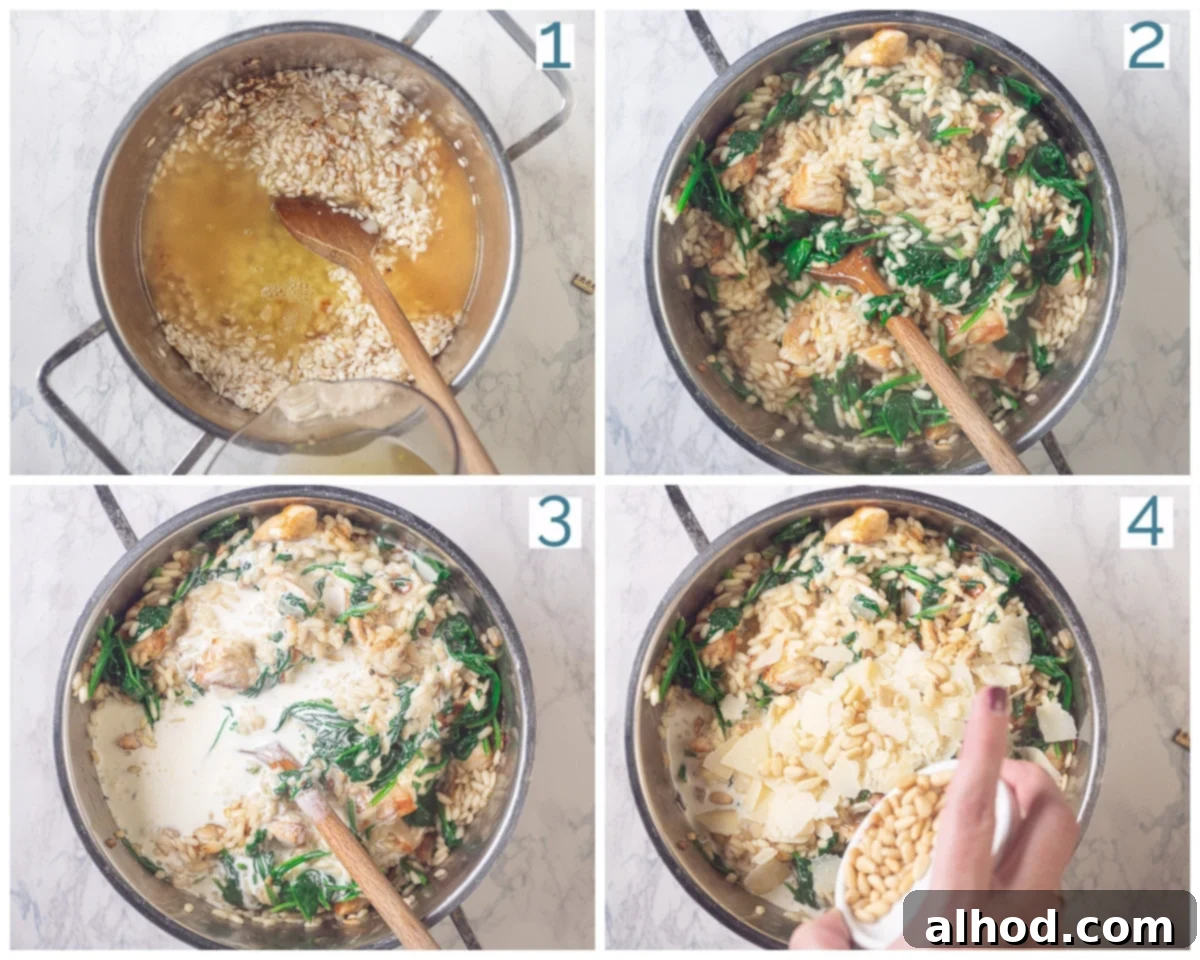 Creamy Chicken and Spinach Risotto 3 4 photo's showing the preparation of chicken and spinach risotto