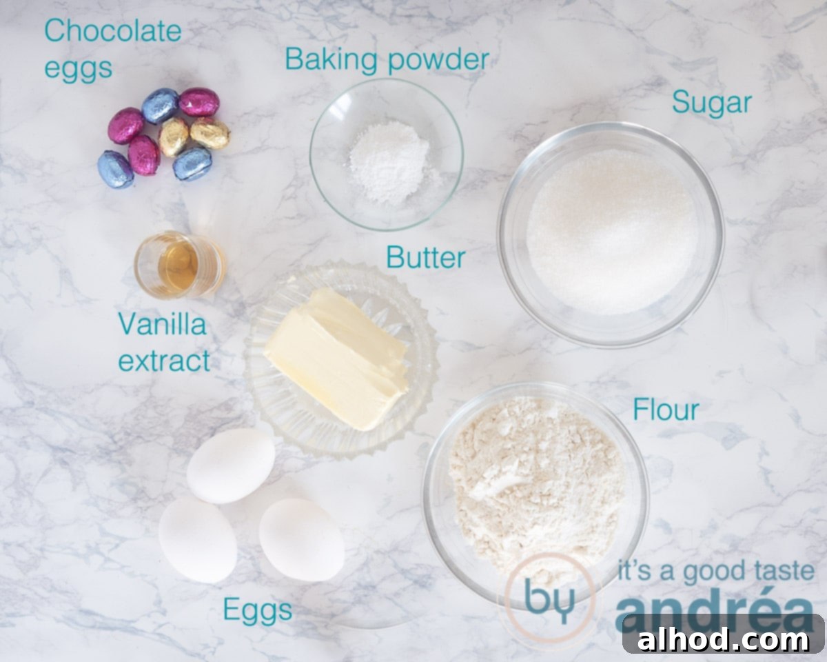 Easter Bundt with Hidden Chocolate Eggs 3 A flat lay photo showing all the ingredients for an Easter Bundt cake with chocolate eggs.