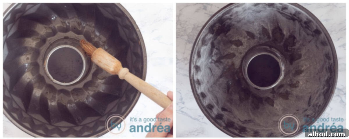 Easter Bundt with Hidden Chocolate Eggs 4 Illustrates brushing butter and dusting flour inside a bundt cake tin.