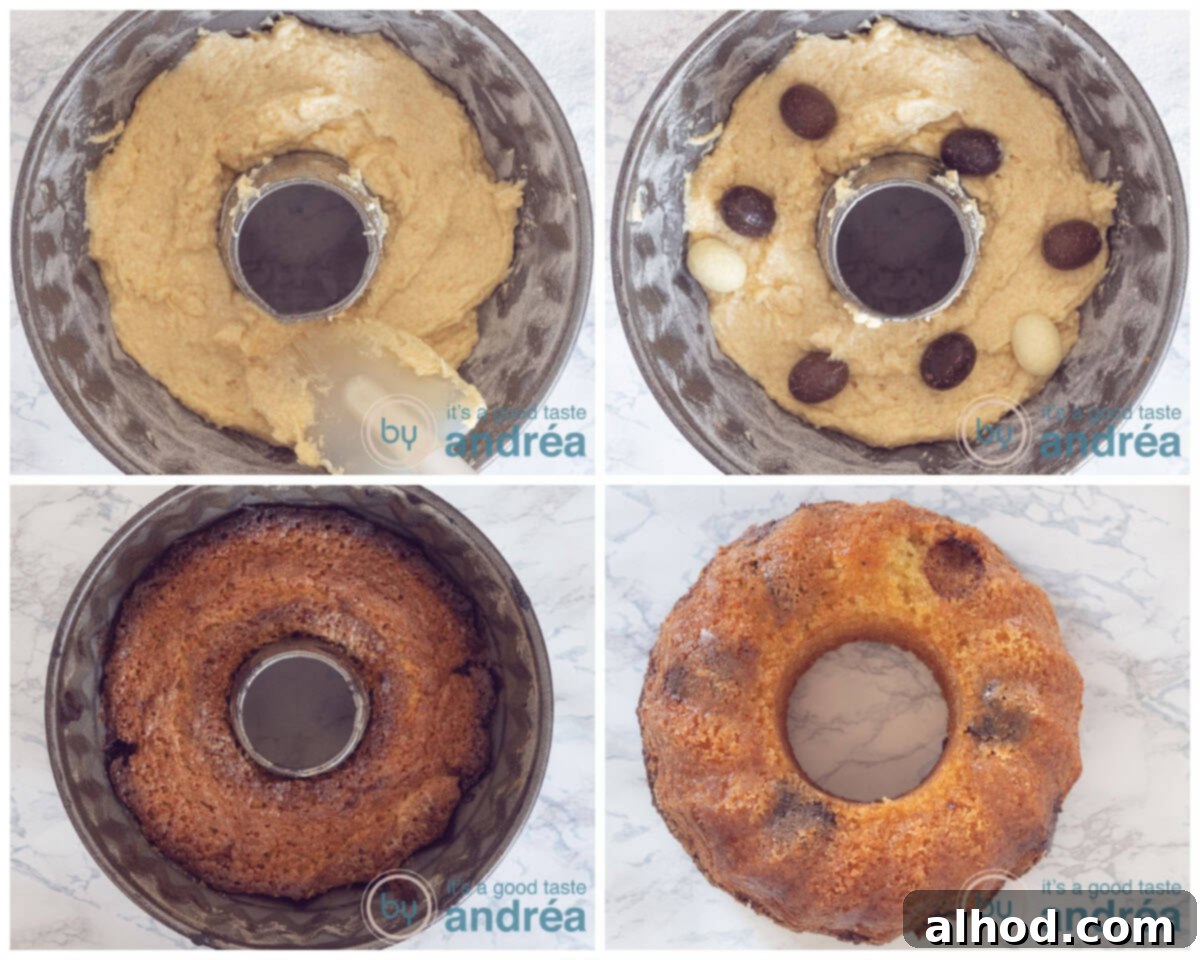 Easter Bundt with Hidden Chocolate Eggs 7 Shows batter being poured into the tin, topped with chocolate eggs, and then baked.