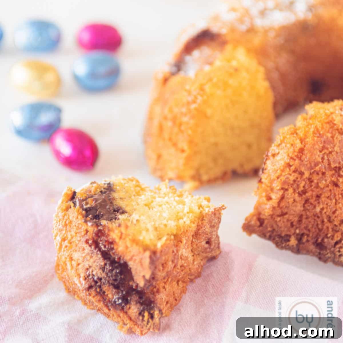 Easter Bundt with Hidden Chocolate Eggs 9 A square picture of an easter egg turban cake