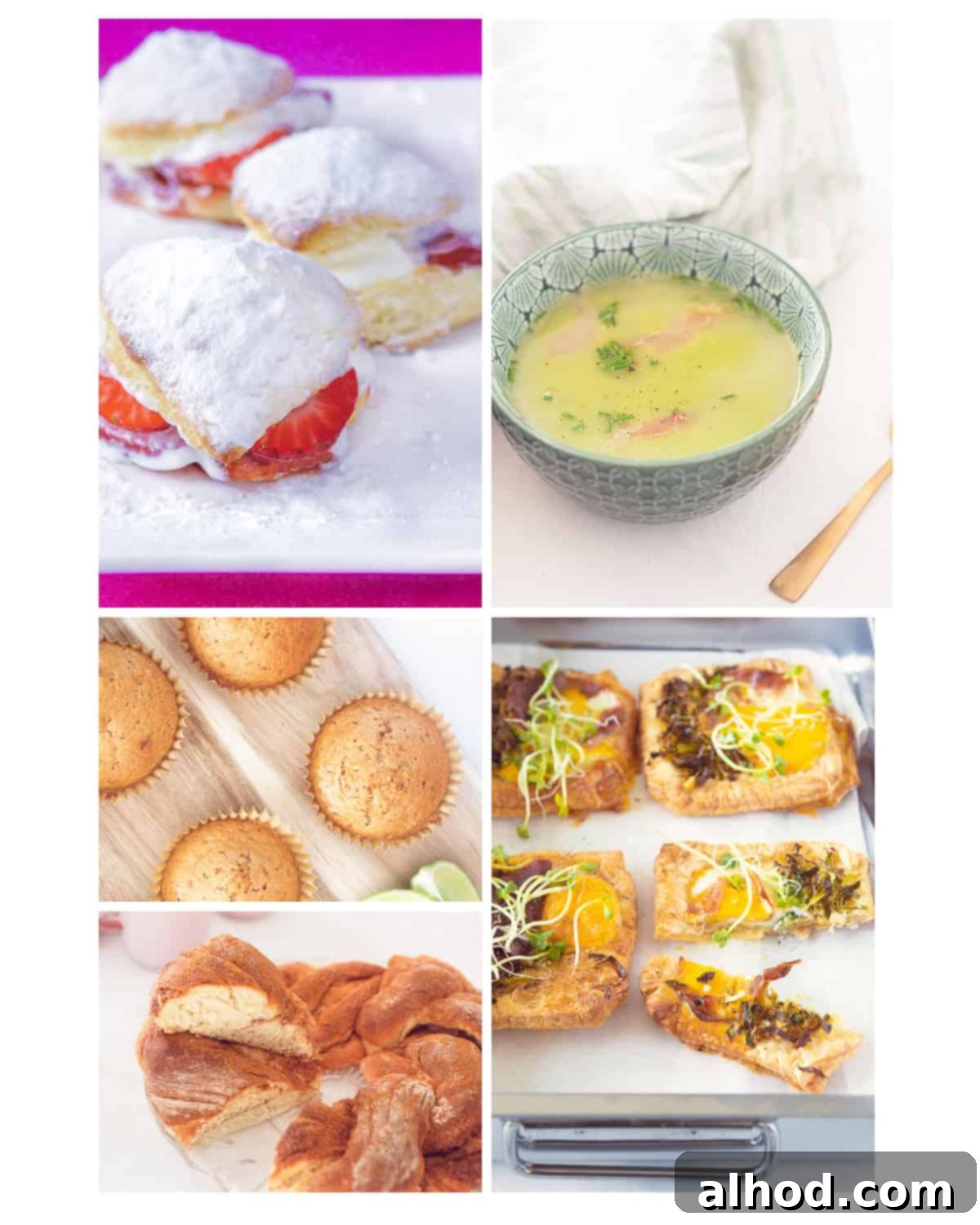 7 Scrumptious Mother's Day Brunch Recipes She'll Love 2 A collage of 5 recipes perfect for a Mother's Day brunch, showcasing a variety of sweet and savory dishes like scones, granola, quiche, and pea soup.