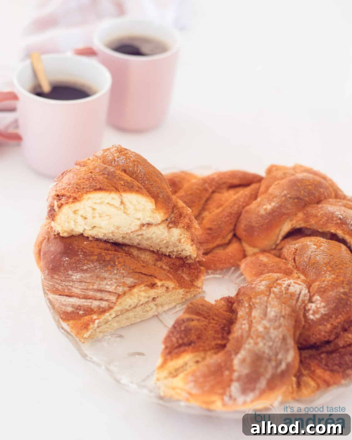 A beautifully crafted cinnamon bread wreath, twisted into an elegant shape and baked to golden perfection.