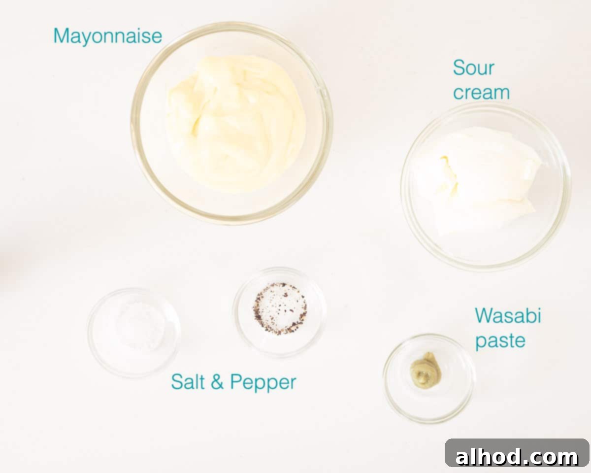 Upgrade Your Mayo: 5 Delicious Flavor Infusions 3 Ingredients homemade wasabi mayonnaise sauce on a white background with text description