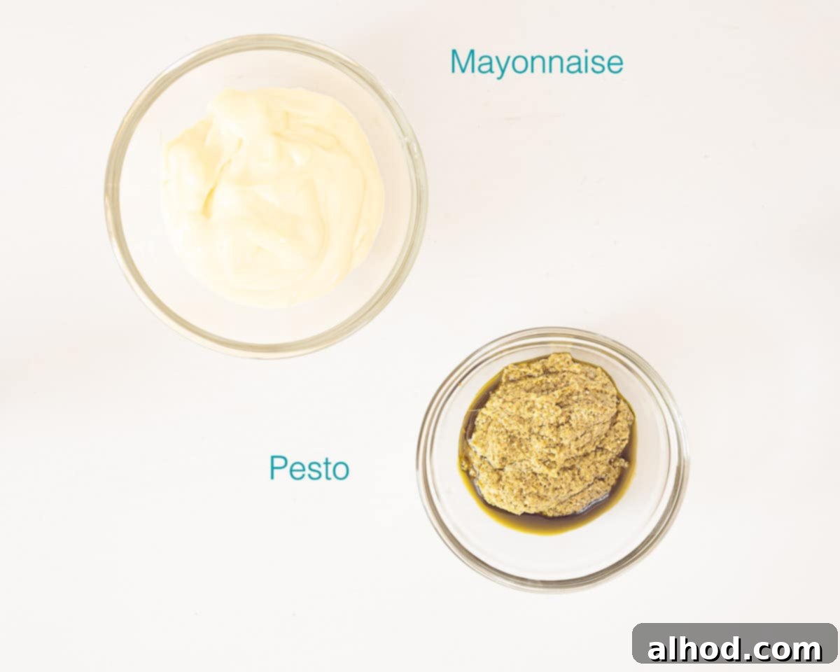 Upgrade Your Mayo: 5 Delicious Flavor Infusions 7 Ingredients homemade pesto mayonnaise on a white background with text description