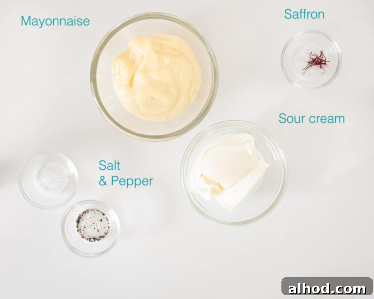 Upgrade Your Mayo: 5 Delicious Flavor Infusions 9 Ingredients Homemade Saffron Mayonnaise on a white background with text description
