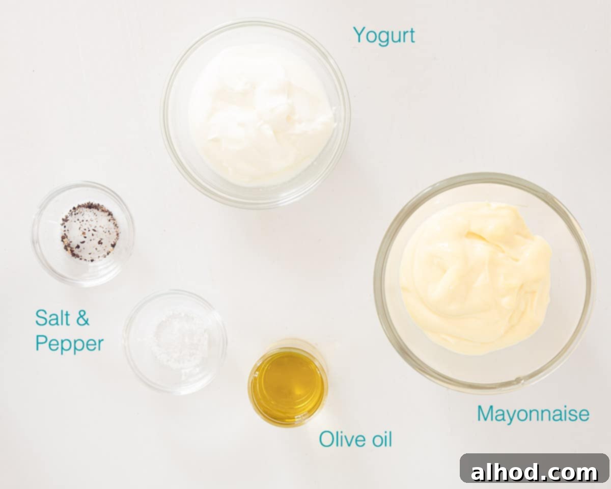 Upgrade Your Mayo: 5 Delicious Flavor Infusions 11 Ingredients homemade yogurt mayonnaise sauce on a white background with text description