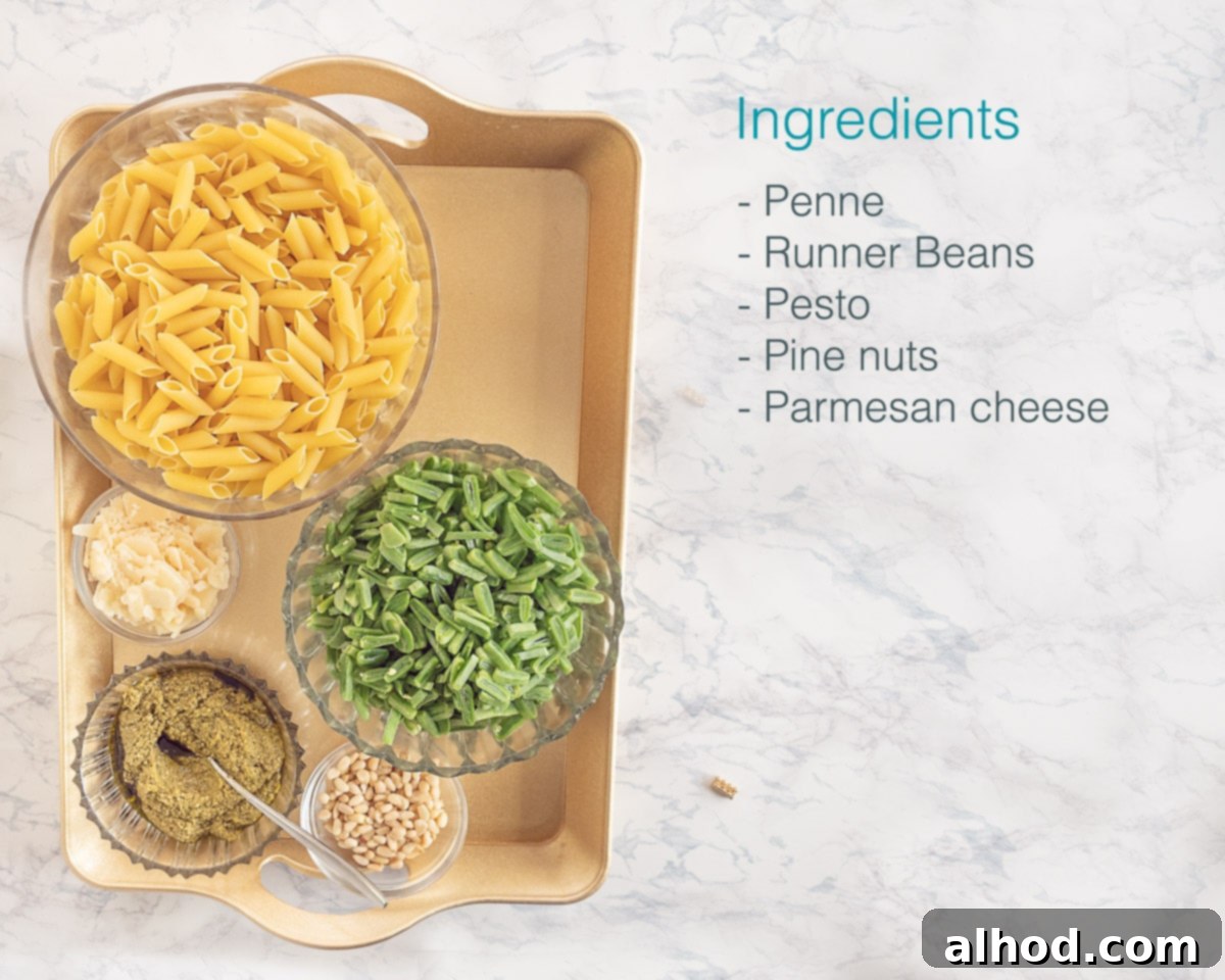 Fresh Runner Bean Pesto Pasta 3 Ingredients Runner Beans Pesto Pasta on a golden tray. On the right text describing the ingredients