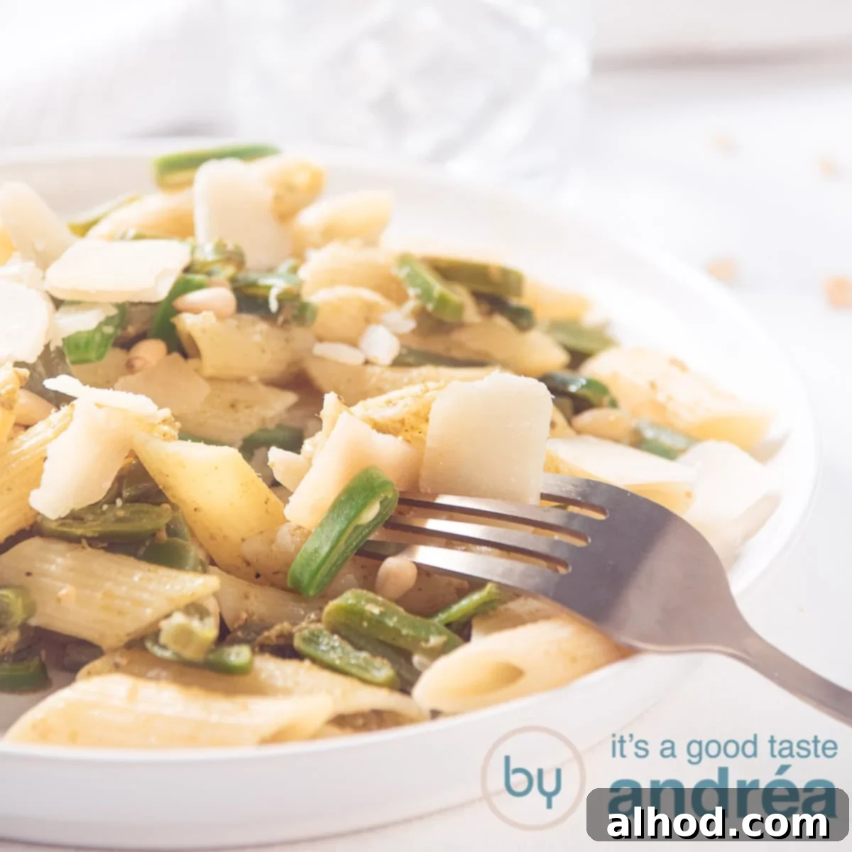 Fresh Runner Bean Pesto Pasta 6 A square photo with pasta pesto and runner beans on a white background