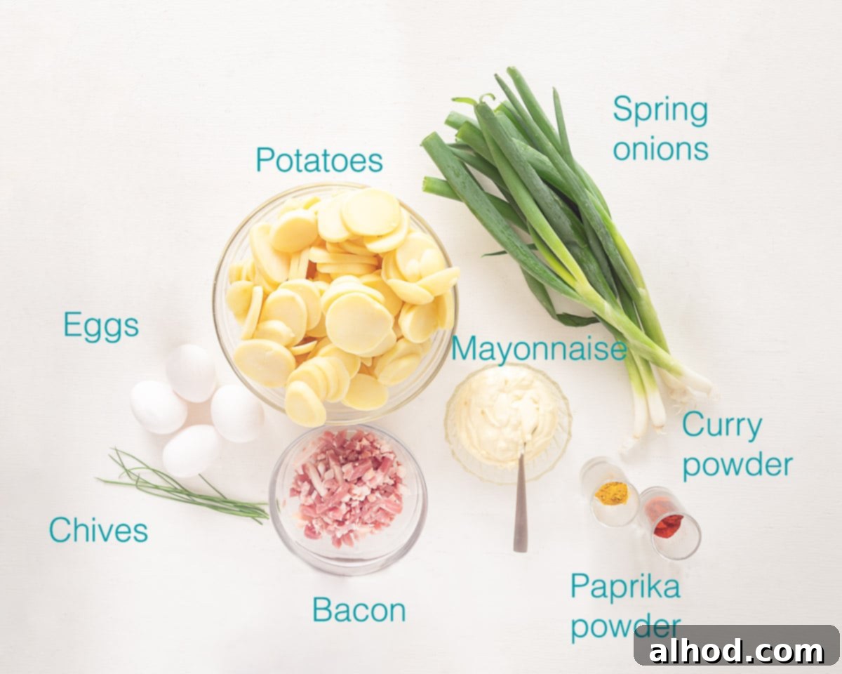 Authentic German Potato Salad 3 A collection of fresh ingredients for German Potato Salad Kartoffel Salat laid out on a white background with descriptive labels