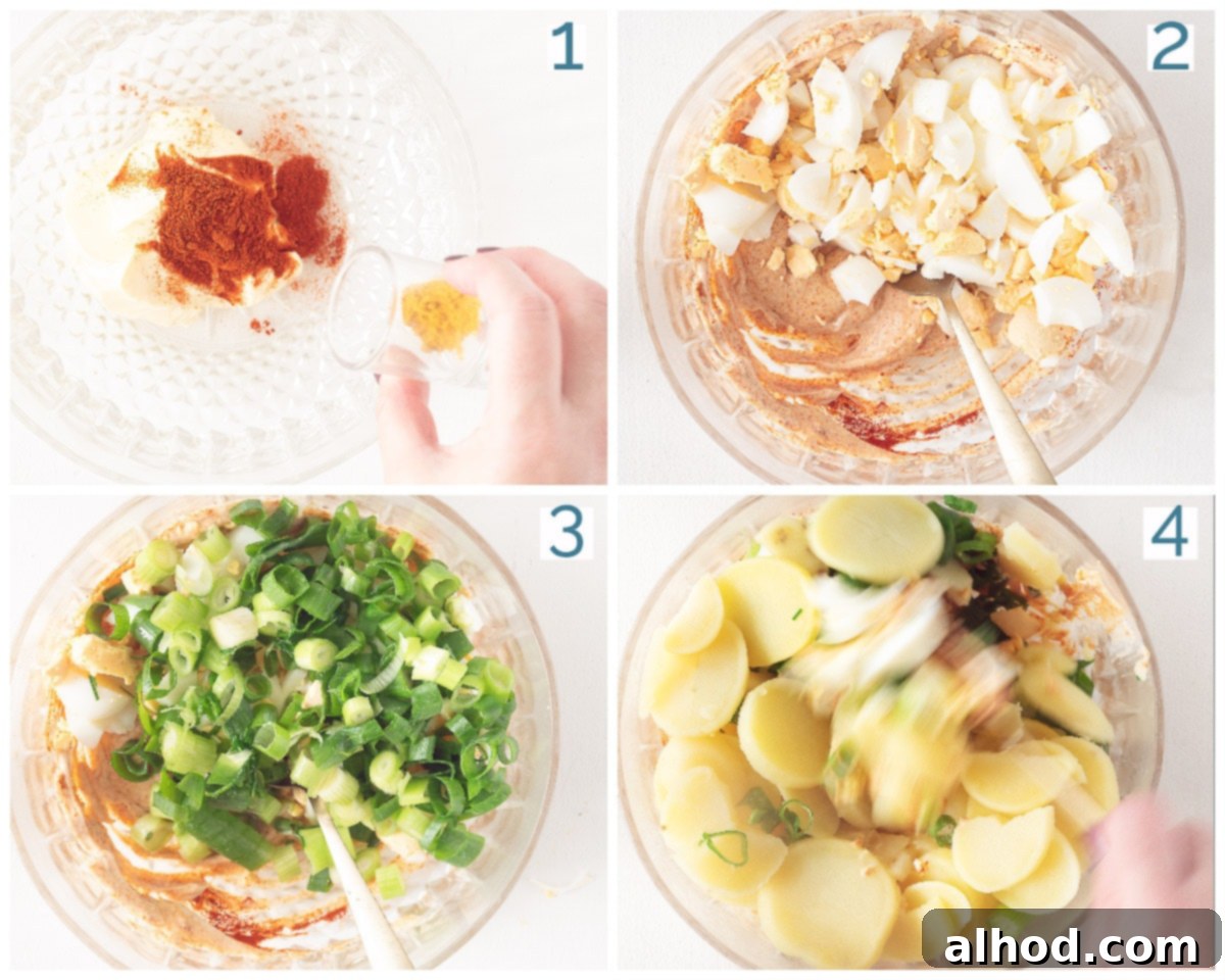 Authentic German Potato Salad 4 4 steps preparation German potato salad, showing mixing dressing, adding eggs, bacon, then warm potatoes