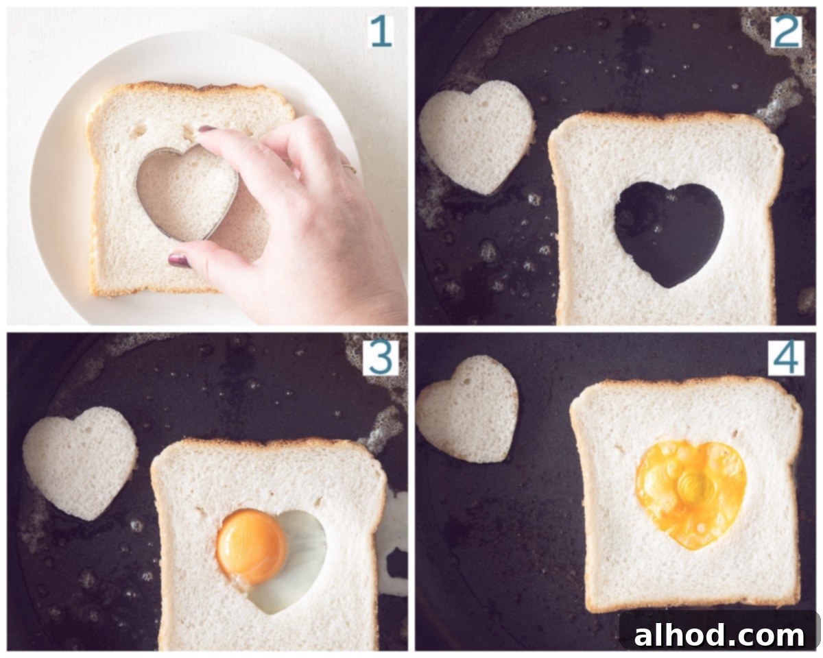 Valentines Day Egg in a Hole 4 A four-panel collage showing the preparation steps for a Heart-Shaped Egg-in-a-Hole Valentine's breakfast.
