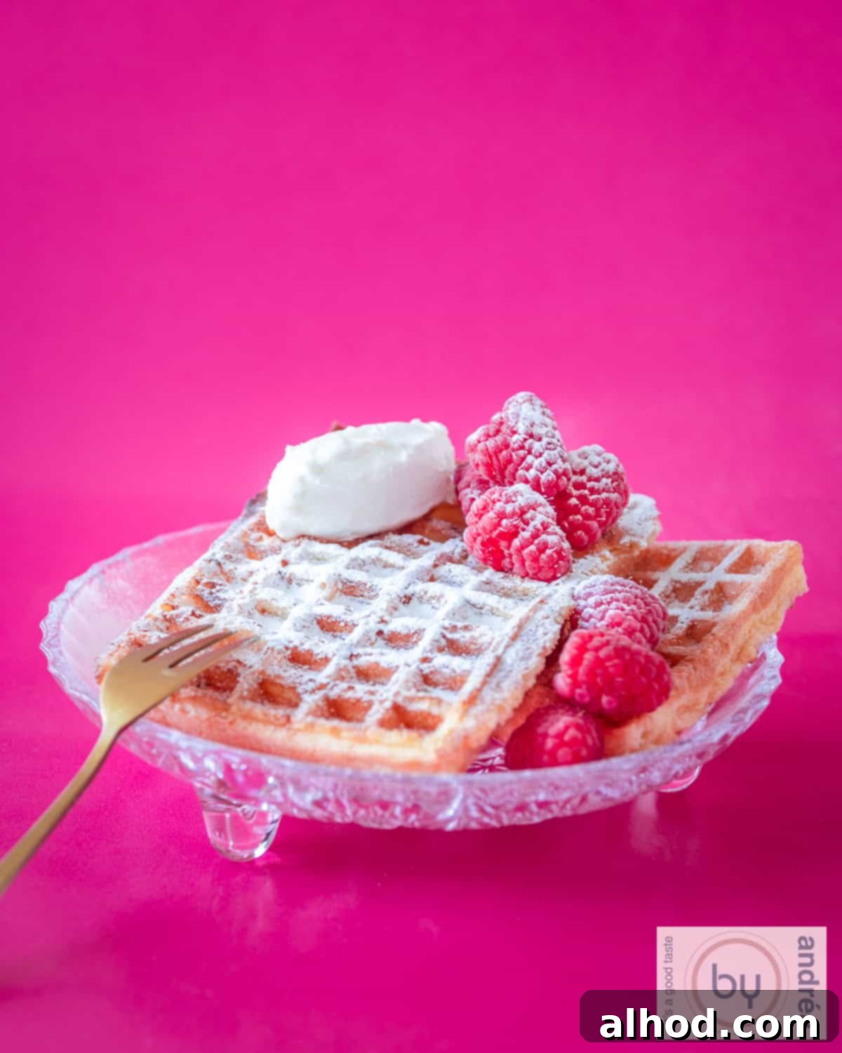 A high-angle photo of a clear glass bowl overflowing with two golden-brown homemade waffles, garnished with creamy mascarpone and bright red fresh raspberries, all beautifully arranged on a soft pink background. Perfect for breakfast or brunch.