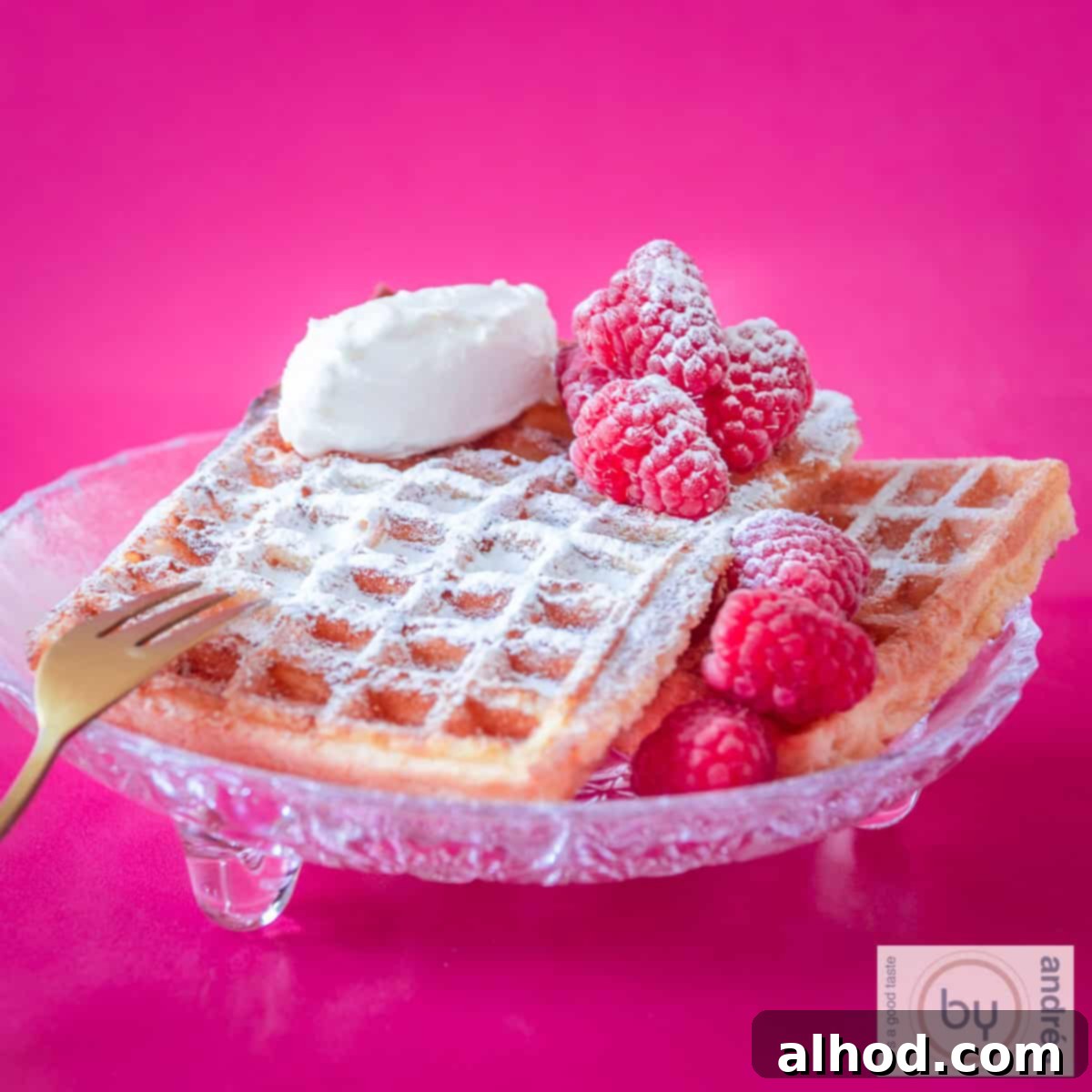 A square photo with a glass bowl containing two golden waffles, garnished with fresh raspberries and a generous dollop of creamy mascarpone.