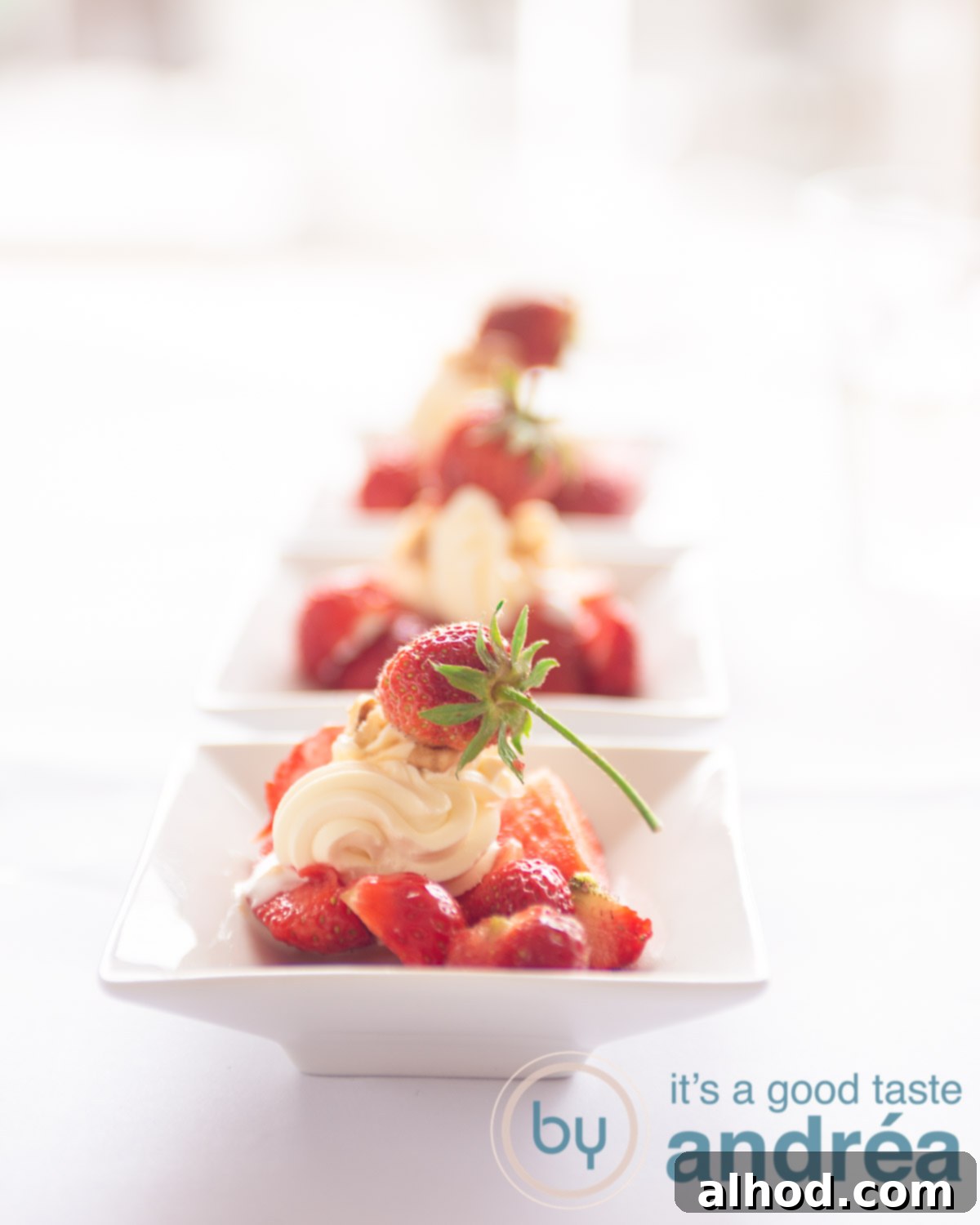 3-Ingredient Strawberry Cream Cheese Dream 5 three white plates with fresh strawberries and cream